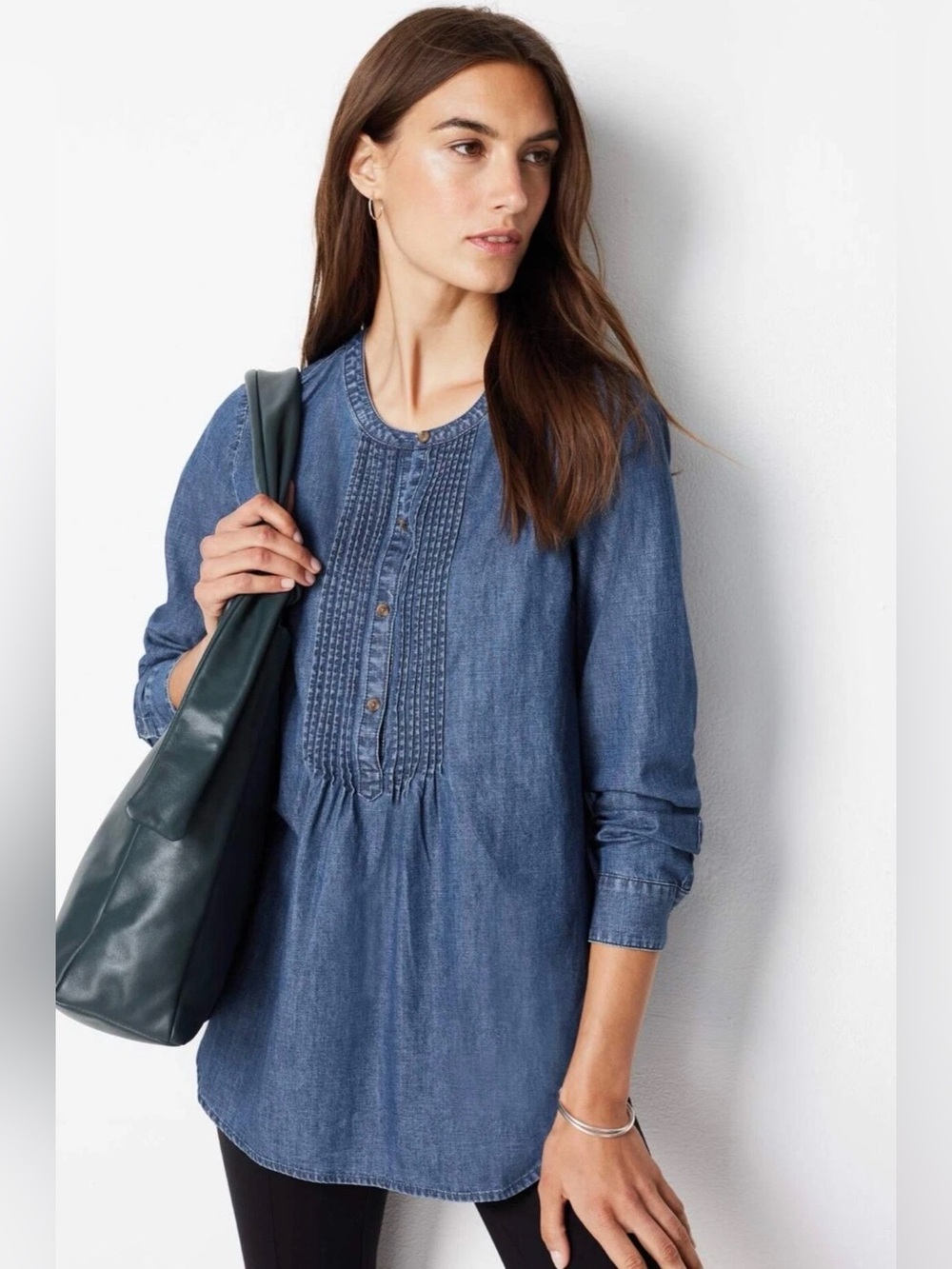 J Jill Sz XL Cotton Pintuck Denim Popover Cottagecore Button Front Versatile Top